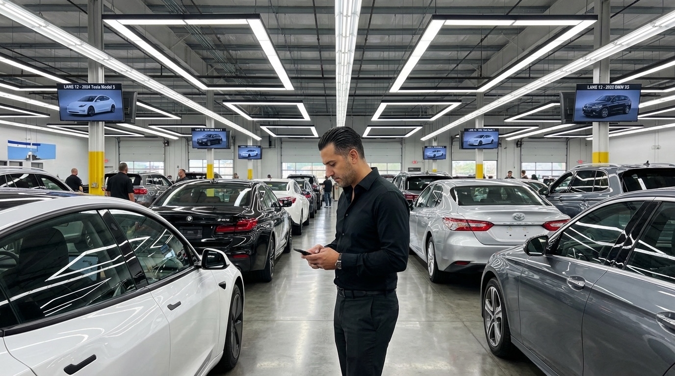 Rows of luxury vehicles with auction numbers at a wholesale dealer auction under dramatic lighting