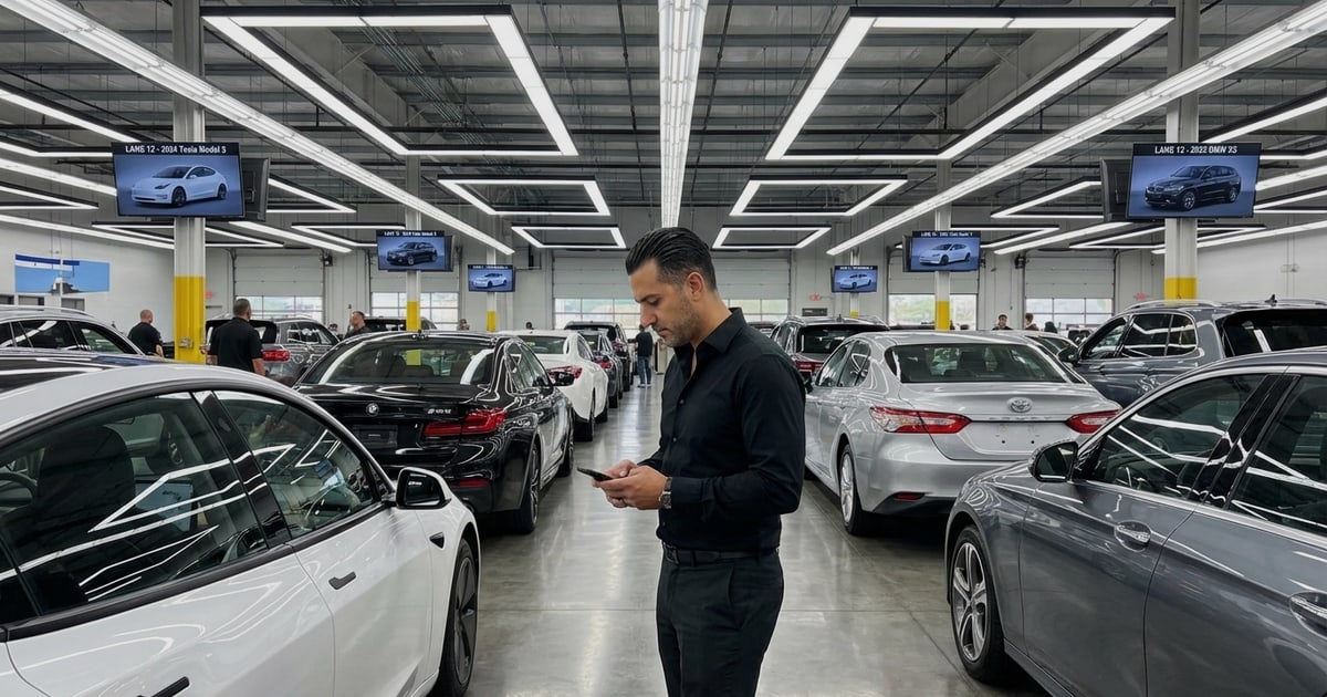 Dealer auction lane with late-model vehicles being reviewed before sale