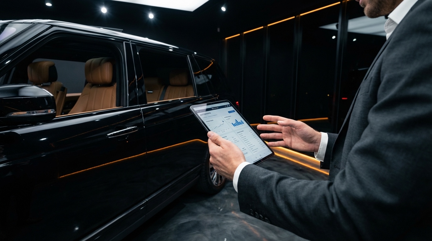 Professional auto buyer inspecting a luxury SUV with a tablet at a dealer auction