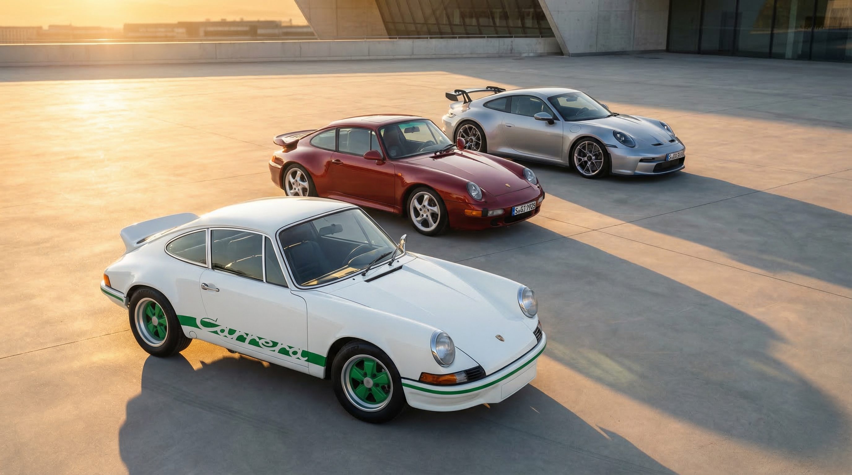 Three Porsche 911s from different generations — a classic air-cooled, a 993, and a modern 992 — parked together at golden hour