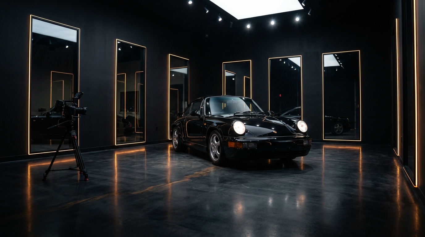 Classic Porsche 911 being professionally photographed in a dark studio for a Bring a Trailer auction listing